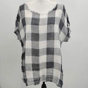 Muza Artistic Knitting Linen Plaid Tunic Top Fringe Lagenlook Oversized Small